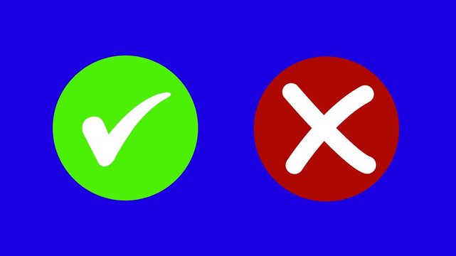 Animated pop-up green check mark and red cross X symbol on a transparent background. A checkmark in and out motion graphics animation. Video footage of yes or no, true or false with alpha channel