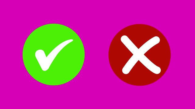 Animated pop-up green check mark and red cross X symbol on a transparent background. A checkmark in and out motion graphics animation. Video footage of yes or no, true or false with alpha channel