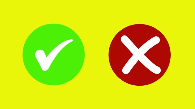 Animated pop-up green check mark and red cross X symbol on a transparent background. A checkmark in and out motion graphics animation. Video footage of yes or no, true or false with alpha channel
