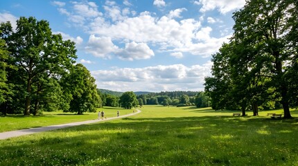 Fototapeta premium Vibrant outdoor setting showing a wide grassy ground with tall tree borders on a summer day
