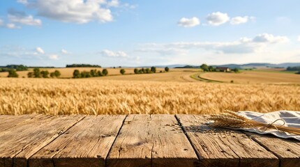 Fototapeta premium Productive wheat field used by hay producers with wooden table copy area