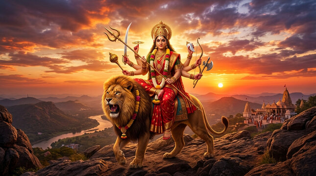 Divine female warrior goddess riding a majestic lion in a mystical sunset landscape with ancient temples and distant mountains