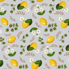 Gray background with lemons and flowers.Vector seamless pattern with yellow lemons, leaves and flowers on a gray background. © Инна Федорова