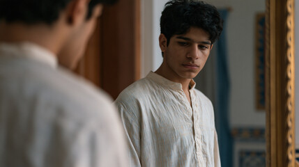 Obraz premium Pakistani teenage boy standing before a bathroom mirror in dim home lighting, dutch tilt framing his reflection at an angle, expression cycling between the face he performs for