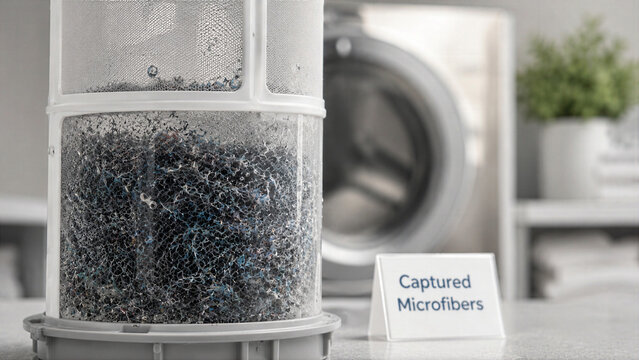Captured microfibers from laundry in a washing machine during a wash cycle showing the filter collection container