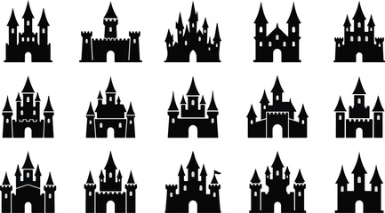 Halloween castle silhouette bundle 15 spooky black castle icons for helloween decor and design © sanjidaakther