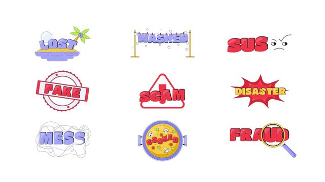 Playful bad internet reaction 2D animation set. Warning caution. Humorous expressions for social media, gaming chats. Digital communication. Gen z slang animated overlay pack. Cartoon motion graphics