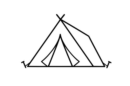 Hand-drawn camping tent vector icon showing angled canvas shelter, open entrance, stakes and ridge poles, minimalist scalable outdoor illustration for hiking, campsite, travel and adventure design