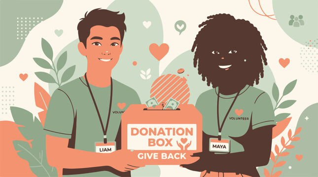 Smiling Volunteers Liam and Maya Hold Donation Box for Charity Labor