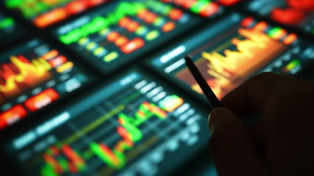 Investor holding a stylus pen to analyze colorful stock price charts on a digital screen, representing financial technology, market trading, investment strategy, and data-driven decision making. 4k.
