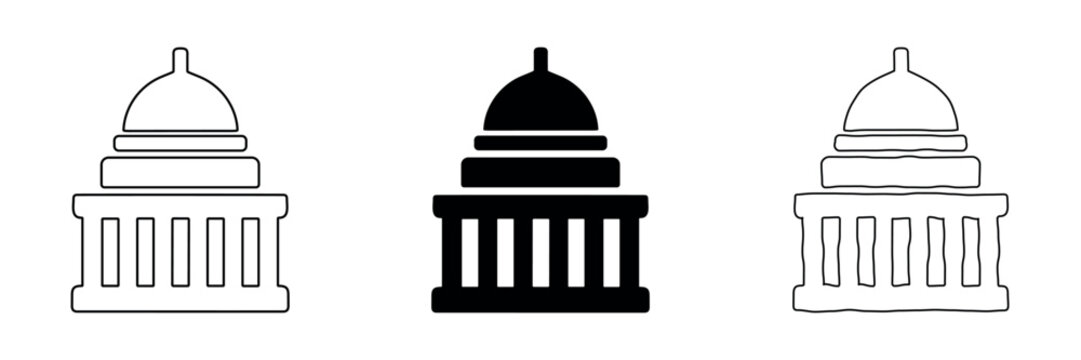 Collection of Capitol building icons in outline, solid, and hand-drawn styles