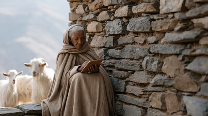 Fototapeta premium Elderly Berber woman in a mountain village using a tablet propped on a stone wall for a remote therapy session, goats grazing behind her, online mental health accessibility