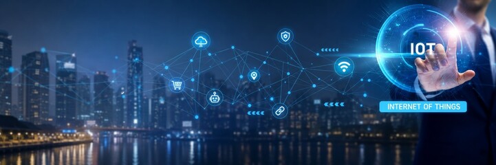 Fototapeta premium Business Hand Using Internet of Things Technology with Global Network, Smart Connectivity and Digital Communication System