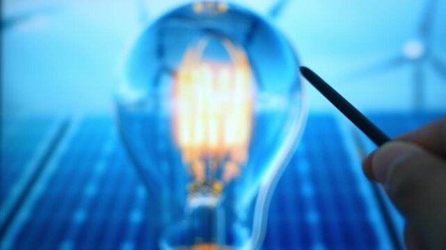 Researcher holding a stylus pen pointing at a renewable energy innovation interface with a glowing light bulb, representing clean energy, sustainable technology, green innovation and future solutions.