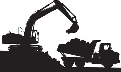 Excavator loading dump truck with dirt © Ranaart