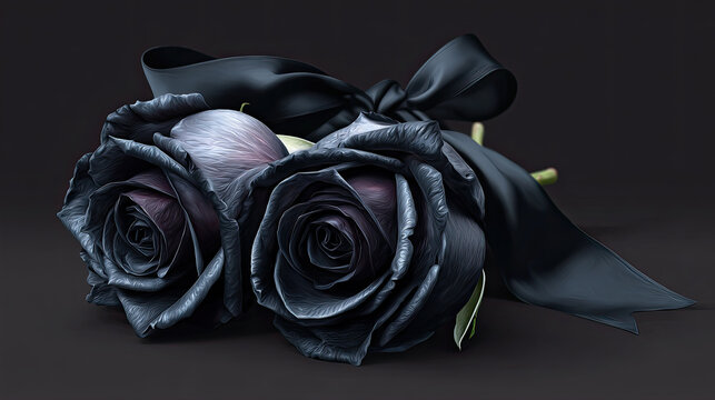 Two black roses tied with satin ribbon on dark background