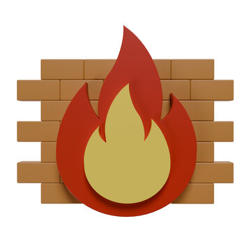 Firewall security concept icon with 3d flame and brick wall for cyber protection and network defense