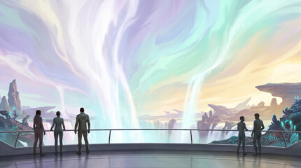 Fototapeta premium Futuristic exoplanet tourism concept with travelers admiring alien landscapes