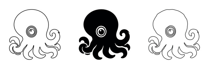 Set of three stylized octopus icons in outline and solid black styles © Ophelia