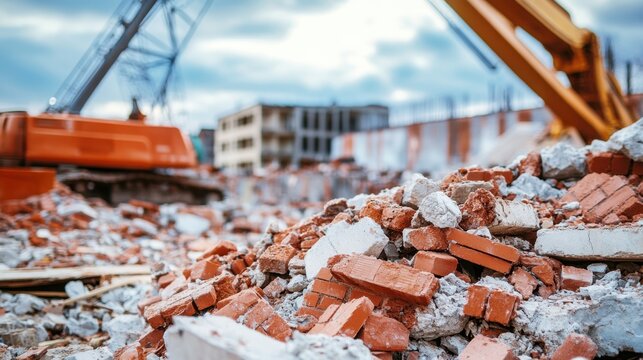 Construction site with debris, featuring broken bricks and machinery. The scene shows a cloudy sky and unfinished buildings in the background.