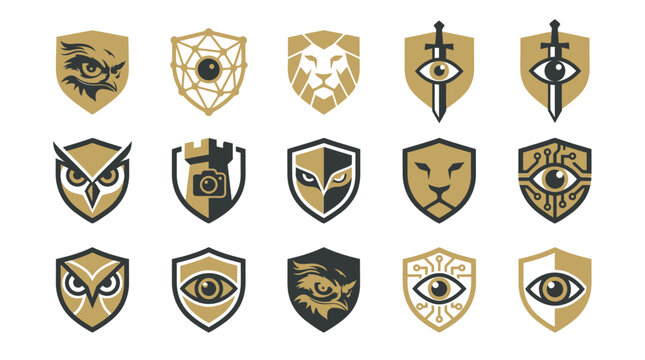 Golden shield logos with animal faces.