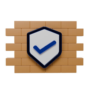 Firewall Network Security Concept with 3D Shield and Checkmark Icon on Brick Wall