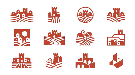 Naklejka premium Red castle village landscape icons.
