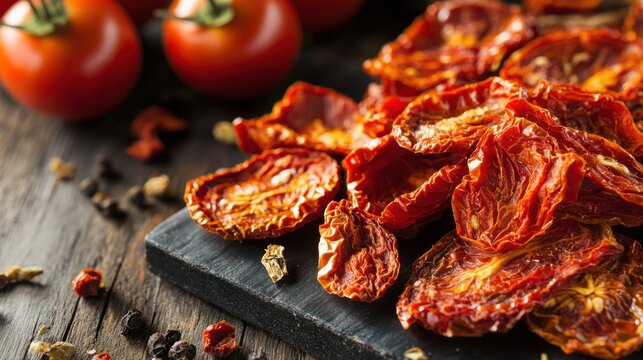 Dried tomatoes on a wooden board with fresh tomatoes in the background. Spices scattered around, creating a rustic kitchen scene.