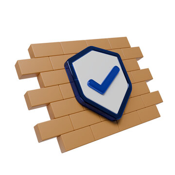 Firewall Network Security Concept with 3D Shield and Checkmark Icon on Brick Wall
