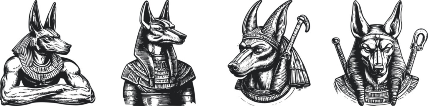 Four detailed black and silver vintage-style statues representing mythological animals from ancient Egyptian culture, perfect for decorative or museum use.
