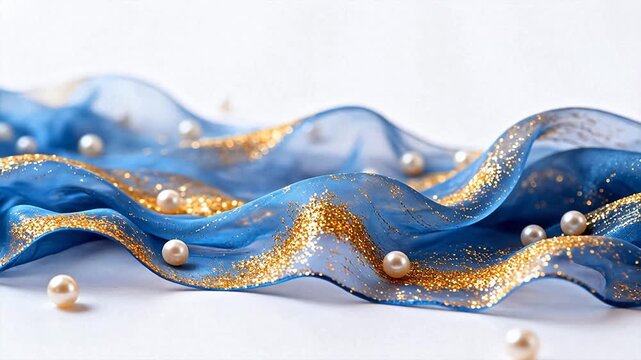 Blue fabric with gold glitter and pearls