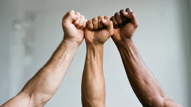 Diverse people raising clenched fists together for solidarity and protest