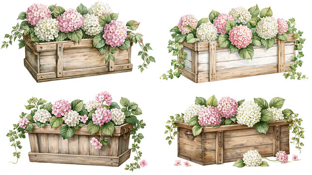 wooden crates filled with pink and white hydrangeas