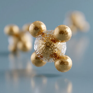 Tetrahedral molecular model with transparent and gold spheres