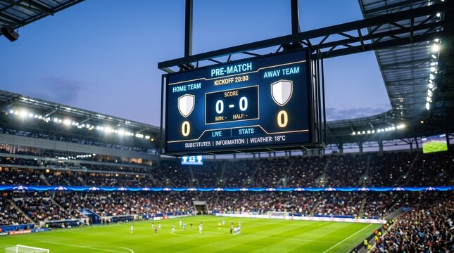 Electronic scoreboard displaying the kickoff of a football match inside a modern stadium. Championship tournament, live competition, and sports event concept.