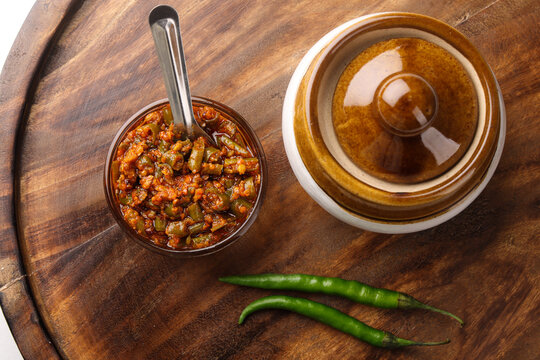 ndian food called Traditional Green chili pickle or Hirvya Mirchihe Lonche