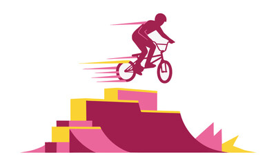 Obraz premium Silhouette of a bmx rider performing a mid-air trick over a stylized geometric ramp with energetic motion lines on a white background, action sports concept