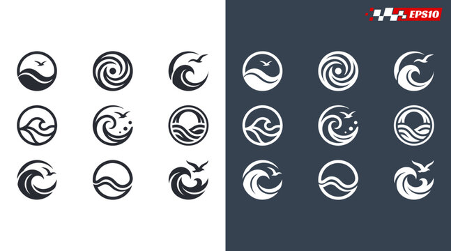 Collection of circular wave and bird logos in black and white.