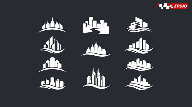 Collection of modern city skyline logos with abstract wave elements representing urban development and architectural design.