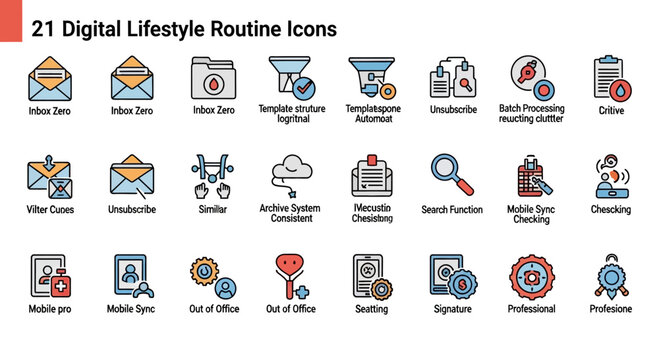 21 Digital Lifestyle Routine Icons: Inbox, Search, Sync, Archive, Mobile, Out of Office, Professional