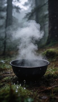 Steaming hot bowl of food sitting on mossy ground in a dark rainy forest