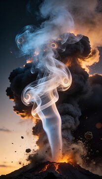 Dramatic Volcanic Eruption with Swirling Ethereal Smoke and Lava Under a Sunset Sky