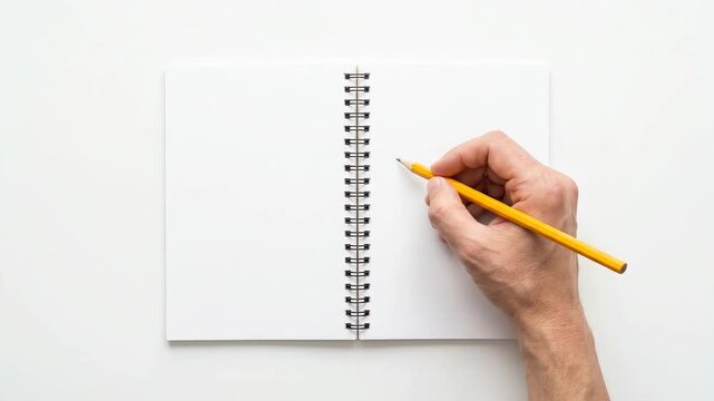 Hand holds yellow pencil over blank white spiral notebook on desk.
