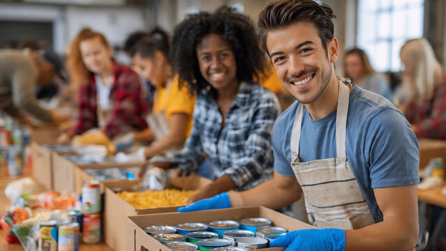Diverse volunteers packing food boxes with donated groceries for families in need during a community charity and humanitarian event
