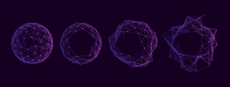 Neon Purple Digital Plexus Spheres and Futuristic Network Rings on Dark Background