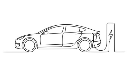 Fototapeta premium Elegant Single Continuous Line Electric Car Fast Charging Station Future Mobility Vector Graphic Illustration