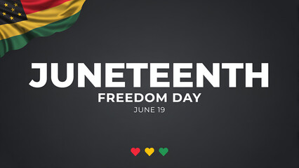 Juneteenth freedom day banner featuring a waving flag corner, white text, and three small hearts on a solid dark grey background surface