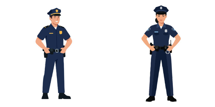 A police officer standing in a confident pose, hands on belt, vector illustration, minimalist, no outlines, white background.
