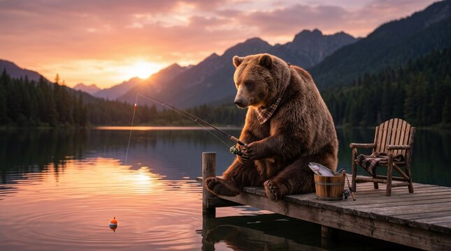 Grizzly Bear Fishing on Dock at Sunset Illustration