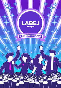 Holiday, fun party. Graphic of dancing people, women and men. Cans and bottles of drinks, cocktails. Gradient sky with rays and stars. Sample corporate logo. Vertical vector poster. Celebrate festival